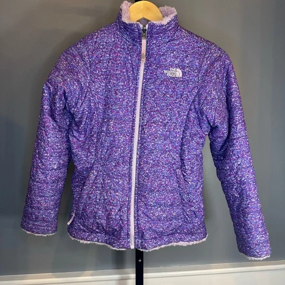 The North Face Girls Reversible Jacket Purple Puffer Fleece Coat Size L (14/16) - Picture 1 of 16